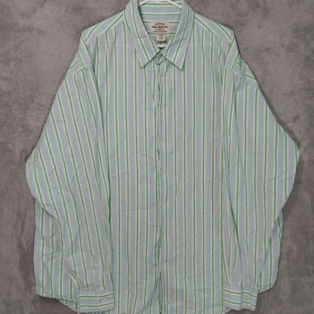 Polo Jeans Co Ralph Lauren Shirt Mens 3XT Green Striped Long Sleeve Button Up